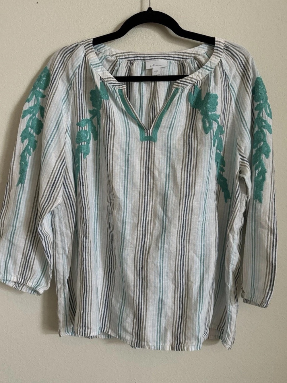 J. Jill Love Linen Pure Jill White Green Embroidered V-Neck Long Sleeve Blouse M